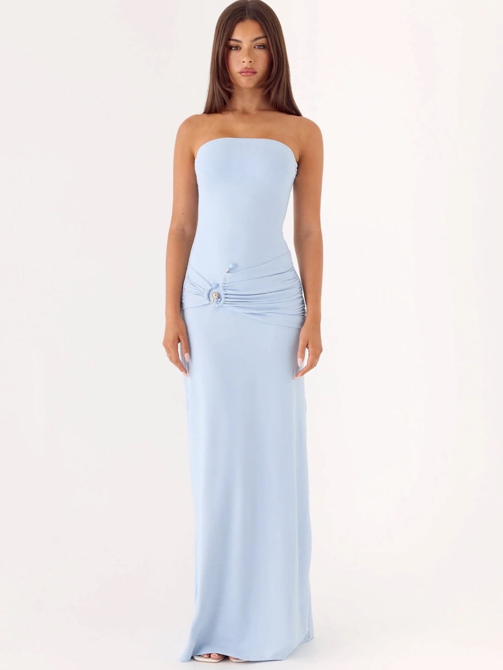 Peppermayo Strapless Light Blue Ruched Maxi Dress